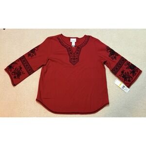 Alfred Dunner Red Embroidered Boho Folk 3/4 Sleeve Split Neck Beaded NWT Med